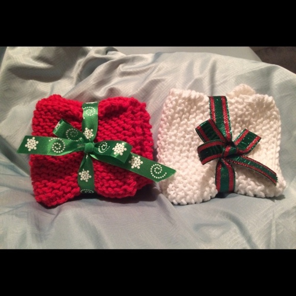 Set of 4 hand knitted dish clothes red white 100% cotton